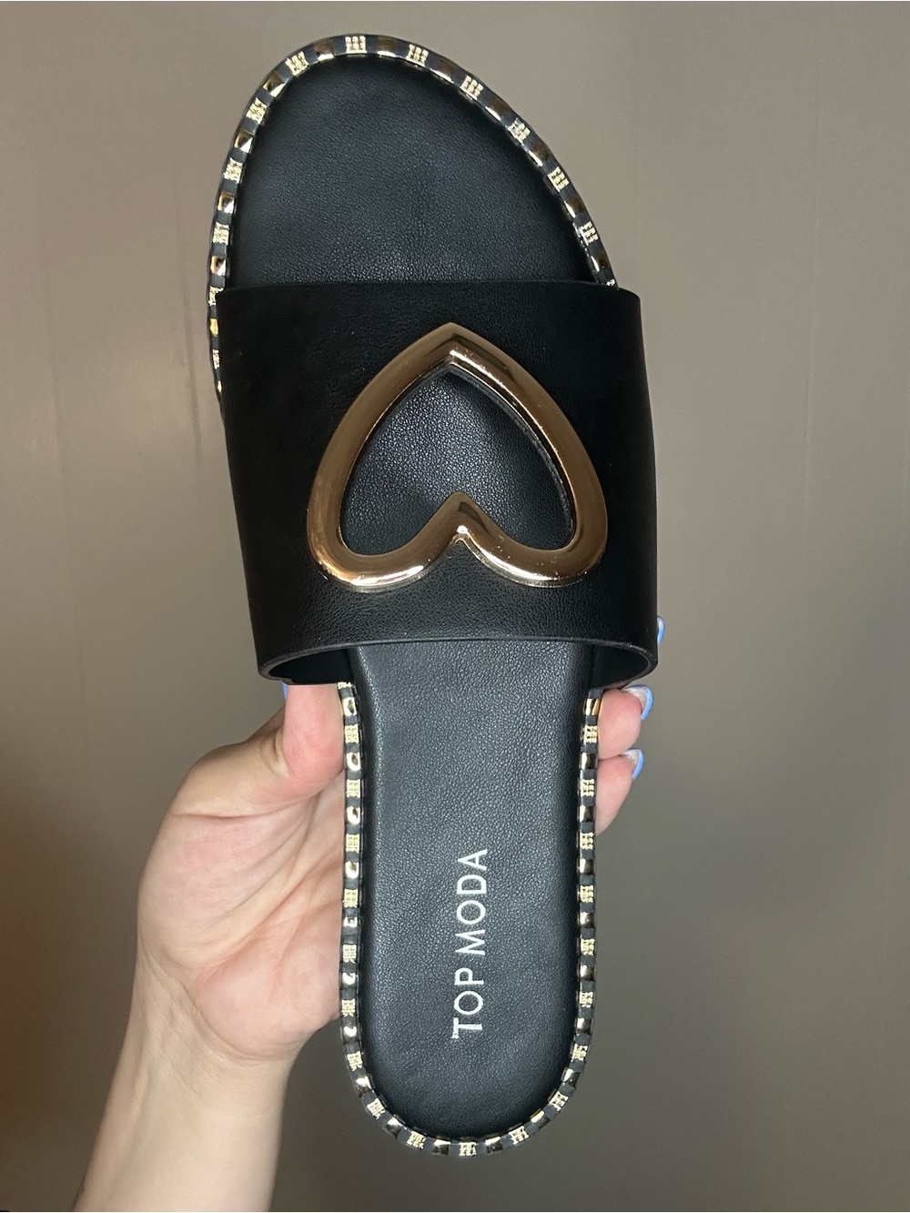 TOP Moda Black Slide Sandals with Gold Heart Detail